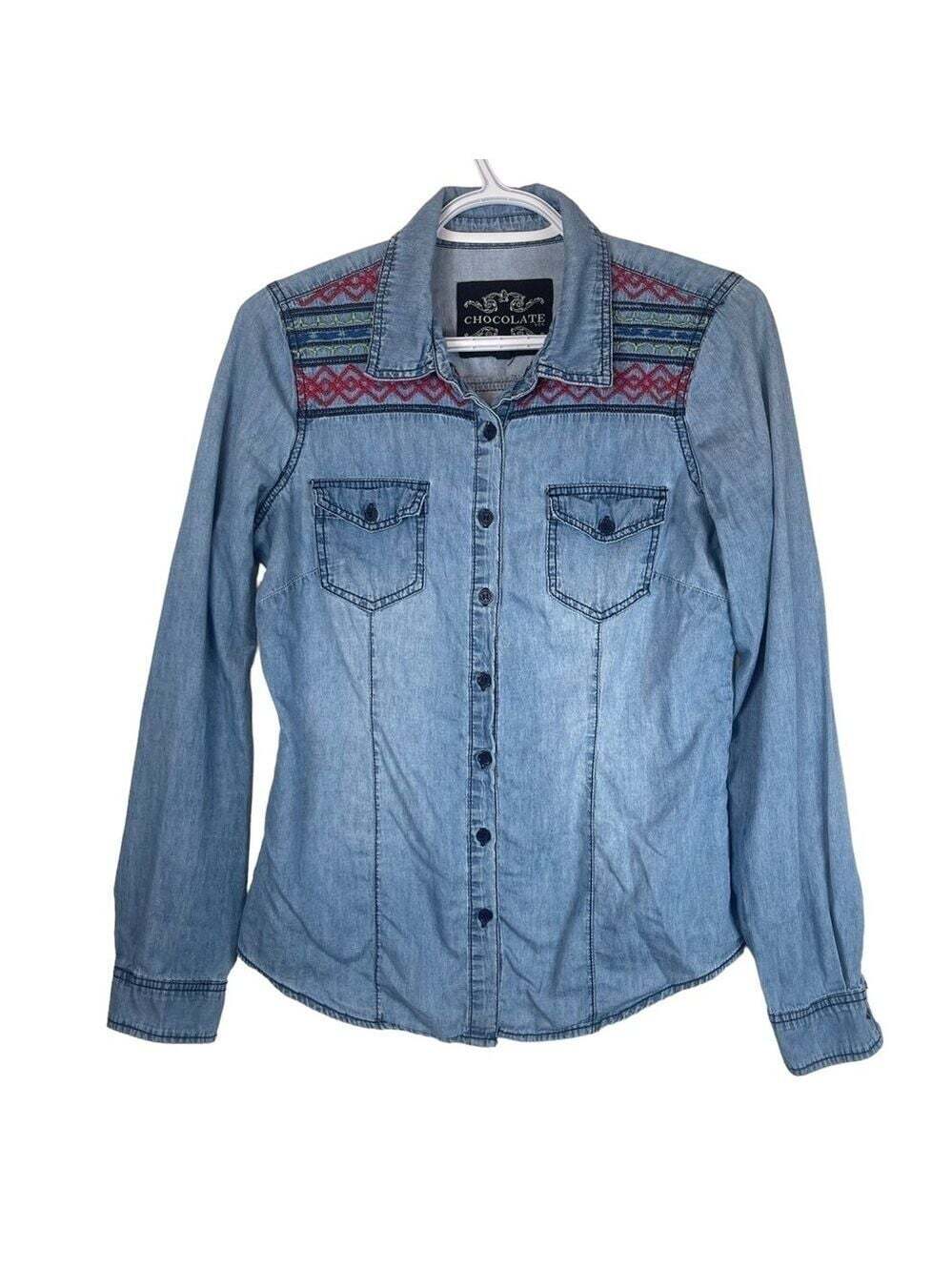 Chocolate Women’s Embroidered Long Sleeve Denim Casual Button Down Shirt Medium